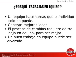 ¿PORQUÉ  TRABAJAR EN EQUIPO? Un equipo hace tareas que el individuo  solo no puede. Generan mejores ideas El proceso de cambios requiere de tra- bajo en equipo, para ser mejor Un buen trabajo en equipo puede ser divertido 
