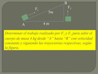 4 m
5m
F1
F2
A
B
Determinar el trabajo realizado por F1 y F2 para subir el
cuerpo de masa 4 kg desde “A” hasta “B” con velocidad
constante y siguiendo las trayectorias respectivas, según
la figura.
 