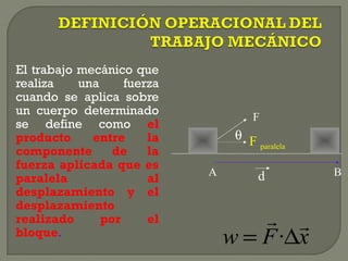 El trabajo mecánico que
realiza una fuerza
cuando se aplica sobre
un cuerpo determinado
se define como el
producto entre la
componente de la
fuerza aplicada que es
paralela al
desplazamiento y el
desplazamiento
realizado por el
bloque.
A B
F
θ F paralela
d
xFw

∆= ·
 