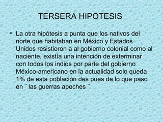 TERSERA HIPOTESIS   La otra hipótesis a punta que los nativos del norte que habitaban en México y Estados Unidos resistieron a al gobierno colonial como al naciente, existía una intención de exterminar con todos los indios por parte del gobierno México-americano en la actualidad solo queda 1% de esta población des pues de lo que paso en ¨ las guerras apeches ¨ 
