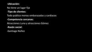 -Ubicación:
No tiene un lugar fijo
-Tipo de clientes:
Todo publico menos embarazadas y cardiacos
-Competencia cercanas:
Atracciones Luna y atracciones Gómez
-Razón social:
-Santiago Núñez
 