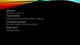 -Ubicación
No tiene un lugar fijo
-Tipo de clientes:
Todo publico menos embarazadas y cardiacos
-Competencia cercanas:
Atracciones Luna y atracciones Gómez
-Razón social:
-Santiago Núñez
 
