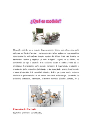 El modelo curricular es un conjunto de prescripciones técnicas que indican cómo debe
elaborarse un Diseño Curricular y qué componentes incluir, cuáles son los responsables
de su formulación, qué funciones delegan, a quiénes las delegan. Entre ellos destacan los
fundamentos teóricos y empíricos ,el Perfil de ingreso y egreso de los alumnos, as
expectativas de logro u objetivos de la educación escolar, la calidad y valor de los
aprendizajes, la organización de los espacios curriculares la carga horaria, la selección y
organización de los contenidos disciplinario, el tipo de currículo: abierto el cual permite
el aporte y la decisión de la comunidad educativa, flexible que permite atender en forma
adecuada las particularidades de los actores, entre otros, a metodología, los criterios de
evaluación, calificación, acreditación, los recursos didácticos. (Bolaños & Molina, 2017)
Elementos del Currículo
Se plantean en términos de habilidades,
 