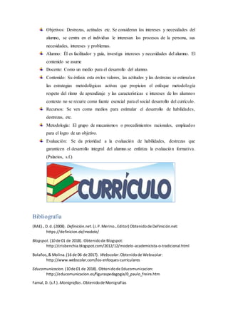 Objetivos: Destrezas, actitudes etc. Se consideran los intereses y necesidades del
alumno, se centra en el individuo le interesan los procesos de la persona, sus
necesidades, intereses y problemas.
Alumno: Él es facilitador y guía, investiga intereses y necesidades del alumno. El
contenido se asume
Docente: Como un medio para el desarrollo del alumno.
Contenido: Su énfasis esta en los valores, las actitudes y las destrezas se estimulan
las estrategias metodológicas activas que propicien el enfoque metodología
respeto del ritmo de aprendizaje y las características e intereses de los alumnos
contexto no se recurre como fuente esencial para el social desarrollo del currículo.
Recursos: Se ven como medios para estimular el desarrollo de habilidades,
destrezas, etc.
Metodología: El grupo de mecanismos o procedimientos racionales, empleados
para el logro de un objetivo.
Evaluación: Se da prioridad a la evaluación de habilidades, destrezas que
garanticen el desarrollo integral del alumno.se enfatiza la evaluación formativa.
(Palacios, s.f.)
Bibliografía
(RAE).,D.d. (2008). Definición.net.(J.P.Merino.,Editor) Obtenidode Definición.net:
https://definicion.de/modelo/
Blogspot.(10 de 01 de 2018). Obtenidode Blogspot:
http://crisbenchia.blogspot.com/2012/12/modelo-academicista-o-tradicional.html
Bolaños,& Molina.(16 de 06 de 2017). Webscolar.Obtenidode Webscolar:
http://www.webscolar.com/los-enfoques-curriculares
Educomunicacion.(10de 01 de 2018). Obtenidode Educomunicacion:
http://educomunicacion.es/figuraspedagogia/0_paulo_freire.htm
Famal,D. (s.f.). Monigrafias .Obtenidode Monigrafias
 