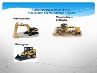 RESULTADO DEL ESTUDIO TECNICO
            NECESIDADES DEL MAQUINARIA Y EQUIPO
                                Motoniveladora
Retroexcavadora
                                De Ruedas




 Minicargador
 
