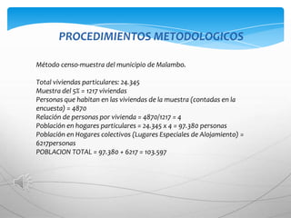 PROCEDIMIENTOS METODOLOGICOS

Método censo-muestra del municipio de Malambo.

Total viviendas particulares: 24.345
Muestra del 5% = 1217 viviendas
Personas que habitan en las viviendas de la muestra (contadas en la
encuesta) = 4870
Relación de personas por vivienda = 4870/1217 = 4
Población en hogares particulares = 24.345 x 4 = 97.380 personas
Población en Hogares colectivos (Lugares Especiales de Alojamiento) =
6217personas
POBLACION TOTAL = 97.380 + 6217 = 103.597
 