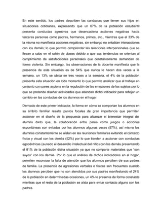 En este sentido, los padres describen las conductas que tienen sus hijos en
situaciones cotidianas, expresando que un 67% de la población estudiantil
presenta conductas agresivas que desencadena acciones negativas hacia
terceras personas como padres, hermanos, primos, etc., mientras que el 33% de
la misma no manifiesta acciones negativas, sin embargo no entablan interacciones
con los demás; lo que permite comprender las relaciones interpersonales que se
llevan a cabo en el salón de clases debido a que sus tendencias se orientan al
cumplimiento de satisfacciones personales que constantemente demandan de
forma violenta. Sin embargo, las observaciones de la docente manifiesta que la
presencia de esta situación es de 54% que nunca lo hacen dos veces a la
semana, un 13% se ubica en tres veces a la semana, el 4% de la población
presenta esta situación en todo momento lo que permite analizar que el trabajo en
conjunto con pares acciona en la regulación de las emociones de los sujetos por lo
que se pretende diseñar actividades que atiendan dicho indicador para reflejar un
cambio en las conductas de los alumnos en el hogar.
Derivado de este primer indicador, la forma en cómo se comportan los alumnos en
su ámbito familiar resalta puntos focales de gran importancia que permiten
accionar en el diseño de la propuesta para alcanzar el bienestar integral del
alumno dado que, la colaboración entre pares como juegos o acciones
espontáneas son evitadas por los alumnos algunas veces (57%), así mismo los
alumnos constantemente se aíslan en las reuniones familiares evitando el contacto
físico y visual con los demás (52%) por lo que tienden a accionar con conductas
egocéntricas (aunado el desarrollo intelectual del niño) con los demás presentando
el 81% de la población dicha situación ya que no comparte materiales que “son
suyos” con los demás. Por lo que el análisis de dichos indicadores en el hogar,
permiten reconocer la falta de atención que los alumnos perciben de sus padres
de familia. La presencia de agresiones verbales o físicas son frecuentes cuando
los alumnos perciben que no son atendidos por sus padres manifestando el 24%
de la población en determinadas ocasiones, un 4% lo presenta de forma constante
mientras que el resto de la población se aísla para evitar contacto alguno con los
padres.
 