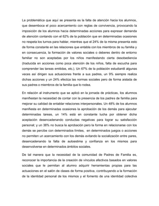 La problemática que aquí se presenta es la falta de atención hacia los alumnos,
que desemboca el poco acercamiento con reglas de convivencia, provocando la
imposición de los alumnos hacia determinadas acciones para expresar demanda
de atención contando con el 62% de la población que en determinadas ocasiones
no respeta los turnos para hablar, mientras que el 24% de la misma presenta esto
de forma constante en las relaciones que entabla con los miembros de su familia y
en consecuencia, la formación de valores sociales o deberes dentro de entorno
familiar no son aceptadas por los niños manifestando cierta desobediencia
(traducida en acciones como poca atención de los niños, falta de escucha para
comprender las tareas emitidas, etc.). Un 67% de la población estudiantil algunas
veces así dirigen sus actuaciones frente a sus padres, un 9% siempre realiza
dichas acciones y un 24% efectúa las normas sociales pero de forma aislada de
sus padres o miembros de la familia que lo rodea.
En relación al instrumento que se aplicó en la jornada de prácticas, los alumnos
manifiestan la necesidad de contar con la presencia de los padres de familia para
mejorar su calidad de entablar relaciones interpersonales. Un 48% de los alumnos
manifiesta en determinadas ocasiones la aprobación de los demás para ejecutar
determinadas tareas, un 14% está en constante lucha por obtener dicha
aceptación desencadenando conductas negativas para lograr su satisfacción
personal; y un 38% no busca la aprobación pero la forma en relacionarse con los
demás se percibe con determinados límites, en determinados juegos o acciones
no permiten un acercamiento con los demás evitando la socialización entre pares,
desencadenando la falta de autoestima y confianza en los mismos para
desenvolverse en determinados ámbitos sociales.
De tal manera que la necesidad de la comunidad de Padres de Familia es,
reconocer la importancia de la creación de vínculos afectivos basados en valores
sociales que le permitan al alumno adquirir herramientas propias para las
actuaciones en el salón de clases de forma positiva, contribuyendo a la formación
de la identidad personal de los mismos y el fomento de una identidad colectiva
 