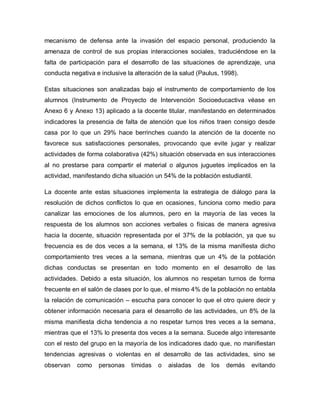 mecanismo de defensa ante la invasión del espacio personal, produciendo la
amenaza de control de sus propias interacciones sociales, traduciéndose en la
falta de participación para el desarrollo de las situaciones de aprendizaje, una
conducta negativa e inclusive la alteración de la salud (Paulus, 1998).
Estas situaciones son analizadas bajo el instrumento de comportamiento de los
alumnos (Instrumento de Proyecto de Intervención Socioeducactiva véase en
Anexo 6 y Anexo 13) aplicado a la docente titular, manifestando en determinados
indicadores la presencia de falta de atención que los niños traen consigo desde
casa por lo que un 29% hace berrinches cuando la atención de la docente no
favorece sus satisfacciones personales, provocando que evite jugar y realizar
actividades de forma colaborativa (42%) situación observada en sus interacciones
al no prestarse para compartir el material o algunos juguetes implicados en la
actividad, manifestando dicha situación un 54% de la población estudiantil.
La docente ante estas situaciones implementa la estrategia de diálogo para la
resolución de dichos conflictos lo que en ocasiones, funciona como medio para
canalizar las emociones de los alumnos, pero en la mayoría de las veces la
respuesta de los alumnos son acciones verbales o físicas de manera agresiva
hacia la docente, situación representada por el 37% de la población, ya que su
frecuencia es de dos veces a la semana, el 13% de la misma manifiesta dicho
comportamiento tres veces a la semana, mientras que un 4% de la población
dichas conductas se presentan en todo momento en el desarrollo de las
actividades. Debido a esta situación, los alumnos no respetan turnos de forma
frecuente en el salón de clases por lo que, el mismo 4% de la población no entabla
la relación de comunicación – escucha para conocer lo que el otro quiere decir y
obtener información necesaria para el desarrollo de las actividades, un 8% de la
misma manifiesta dicha tendencia a no respetar turnos tres veces a la semana,
mientras que el 13% lo presenta dos veces a la semana. Sucede algo interesante
con el resto del grupo en la mayoría de los indicadores dado que, no manifiestan
tendencias agresivas o violentas en el desarrollo de las actividades, sino se
observan como personas tímidas o aisladas de los demás evitando
 