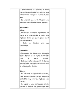 - Posteriormente se retomará el mapa
mental que se trabajó en un principio para
retroalimentar el mapa de acuerdo al video
visto.
- Se cantará la canción de “Pimpón” para
identificar los objetos de higiene personal.
Actividad 2:
Inicio:
- Se realizará el inicio del experimento del
diente y en una bitácora se creará una
hipótesis de lo que puede pasar en el
dicho experimento.
- Darán sus hipótesis ante sus
compañeros
Desarrollo:
- Se realizará una plática sobre el cuidado
de los dientes, el cual implicará el lavado
que se debe emplear.
- Cada alumno llevará su cepillo de dientes
y un pequeño vaso de agua, para practicar
el cuidado de los dientes.
Cierre:
- Se retomará el experimento del diente,
para posteriormente anotar los resultados
en la bitácora y ver si sus hipótesis eran
ciertas.
- Se jugará el juego de la papa caliente
con fin de recabar los aprendizajes más
 