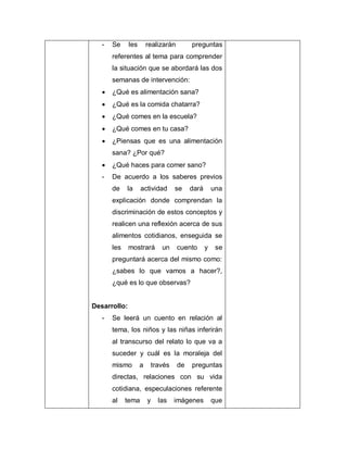 - Se les realizarán preguntas
referentes al tema para comprender
la situación que se abordará las dos
semanas de intervención:
 ¿Qué es alimentación sana?
 ¿Qué es la comida chatarra?
 ¿Qué comes en la escuela?
 ¿Qué comes en tu casa?
 ¿Piensas que es una alimentación
sana? ¿Por qué?
 ¿Qué haces para comer sano?
- De acuerdo a los saberes previos
de la actividad se dará una
explicación donde comprendan la
discriminación de estos conceptos y
realicen una reflexión acerca de sus
alimentos cotidianos, enseguida se
les mostrará un cuento y se
preguntará acerca del mismo como:
¿sabes lo que vamos a hacer?,
¿qué es lo que observas?
Desarrollo:
- Se leerá un cuento en relación al
tema, los niños y las niñas inferirán
al transcurso del relato lo que va a
suceder y cuál es la moraleja del
mismo a través de preguntas
directas, relaciones con su vida
cotidiana, especulaciones referente
al tema y las imágenes que
 
