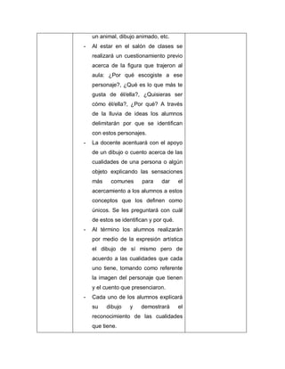 un animal, dibujo animado, etc.
- Al estar en el salón de clases se
realizará un cuestionamiento previo
acerca de la figura que trajeron al
aula: ¿Por qué escogiste a ese
personaje?, ¿Qué es lo que más te
gusta de él/ella?, ¿Quisieras ser
cómo él/ella?, ¿Por qué? A través
de la lluvia de ideas los alumnos
delimitarán por que se identifican
con estos personajes.
- La docente acentuará con el apoyo
de un dibujo o cuento acerca de las
cualidades de una persona o algún
objeto explicando las sensaciones
más comunes para dar el
acercamiento a los alumnos a estos
conceptos que los definen como
únicos. Se les preguntará con cuál
de estos se identifican y por qué.
- Al término los alumnos realizarán
por medio de la expresión artística
el dibujo de sí mismo pero de
acuerdo a las cualidades que cada
uno tiene, tomando como referente
la imagen del personaje que tienen
y el cuento que presenciaron.
- Cada uno de los alumnos explicará
su dibujo y demostrará el
reconocimiento de las cualidades
que tiene.
 
