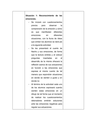Situación 1: Reconocimiento de las
emociones.
- Se iniciará con cuestionamientos
previos para observar la
comprensión de la emoción y cómo
es que manifiestan diferentes
emociones en diferentes
situaciones, con la lluvia de ideas
que emitan los alumnos se dará pie
a la siguiente actividad.
- Se les presentará el cuento de
Nacho y sus emociones, de forma
que la lectura emitida y el colocar
preguntas insertadas en el
desarrollo de la misma ofrecerá la
reflexión acerca de sus actuaciones
en función a las emociones que
exprese el mismo cuento de tal
manera que expondrán situaciones
en donde se sienten a gusto y en
donde no
- Al término de la actividad cada uno
de los alumnos expresará cuando
sienten estas emociones en un
dibujo de tal forma que al momento
de realizar los cuestionamientos
detonadores emitirán soluciones
ante las emociones negativas para
regular sus actuaciones.
 
