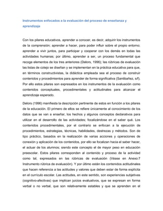 Instrumentos enfocados a la evaluación del proceso de enseñanza y
aprendizaje
Con los pilares educativos, aprender a conocer, es decir, adquirir los instrumentos
de la comprensión; aprender a hacer, para poder influir sobre el propio entorno;
aprender a vivir juntos, para participar y cooperar con los demás en todas las
actividades humanas; por último, aprender a ser, un proceso fundamental que
recoge elementos de los tres anteriores (Delors, 1996); las rúbricas de evaluación
las listas de cotejo se diseñan y se implementan en la práctica educativa para que,
en términos constructivistas, la didáctica empleada sea el proceso de construir
contenidos y procedimientos para aprender de forma significativa (Santibañez, s/f).
Por ello estos pilares son expresados en los instrumentos de la evaluación como
contenidos conceptuales, procedimentales y actitudinales para alcanzar el
aprendizaje esperado.
Delors (1996) manifiesta la descripción pertinente de estos en función a los pilares
de la educación. El primero de ellos se refiere únicamente al conocimiento de los
datos que se van a enseñar, los hechos y algunos conceptos declarativos para
utilizar en el desarrollo de las actividades; focalizándose en el saber qué. Los
contenidos procedimentales, por el contrario se enfocan a la ejecución de
procedimientos, estrategias, técnicas, habilidades, destrezas y métodos. Son de
tipo práctico, basados en la realización de varias acciones y operaciones de
conexión y aplicación de los contenidos, por ello se focalizan hacia el saber hacer,
el actuar de los alumnos; siendo este concepto el de mayor peso en educación
preescolar. Estos pilares corresponden al contenido y proceso de la actividad
como tal, expresados en las rúbricas de evaluación (Véase en Anexo:7
Instrumento rúbrica de evaluación). Y por último están los contenidos actitudinales
que hacen referencia a las actitudes y valores que deben estar de forma explícita
en el currículo escolar. Las actitudes, en este sentido, son experiencias subjetivas
(cognitivo-afectivas) que implican juicios evaluativos, que se expresan en forma
verbal o no verbal, que son relativamente estables y que se aprenden en el
 