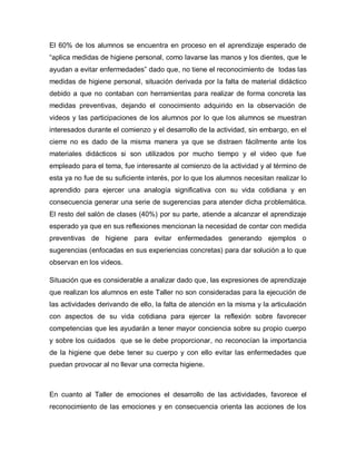 El 60% de los alumnos se encuentra en proceso en el aprendizaje esperado de
“aplica medidas de higiene personal, como lavarse las manos y los dientes, que le
ayudan a evitar enfermedades” dado que, no tiene el reconocimiento de todas las
medidas de higiene personal, situación derivada por la falta de material didáctico
debido a que no contaban con herramientas para realizar de forma concreta las
medidas preventivas, dejando el conocimiento adquirido en la observación de
videos y las participaciones de los alumnos por lo que los alumnos se muestran
interesados durante el comienzo y el desarrollo de la actividad, sin embargo, en el
cierre no es dado de la misma manera ya que se distraen fácilmente ante los
materiales didácticos si son utilizados por mucho tiempo y el video que fue
empleado para el tema, fue interesante al comienzo de la actividad y al término de
esta ya no fue de su suficiente interés, por lo que los alumnos necesitan realizar lo
aprendido para ejercer una analogía significativa con su vida cotidiana y en
consecuencia generar una serie de sugerencias para atender dicha problemática.
El resto del salón de clases (40%) por su parte, atiende a alcanzar el aprendizaje
esperado ya que en sus reflexiones mencionan la necesidad de contar con medida
preventivas de higiene para evitar enfermedades generando ejemplos o
sugerencias (enfocadas en sus experiencias concretas) para dar solución a lo que
observan en los videos.
Situación que es considerable a analizar dado que, las expresiones de aprendizaje
que realizan los alumnos en este Taller no son consideradas para la ejecución de
las actividades derivando de ello, la falta de atención en la misma y la articulación
con aspectos de su vida cotidiana para ejercer la reflexión sobre favorecer
competencias que les ayudarán a tener mayor conciencia sobre su propio cuerpo
y sobre los cuidados que se le debe proporcionar, no reconocían la importancia
de la higiene que debe tener su cuerpo y con ello evitar las enfermedades que
puedan provocar al no llevar una correcta higiene.
En cuanto al Taller de emociones el desarrollo de las actividades, favorece el
reconocimiento de las emociones y en consecuencia orienta las acciones de los
 