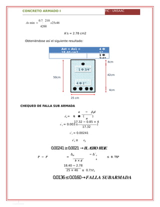 CONCRETO ARMADO I FIC - UNSAAC
50cm
1 Ф 3/4’’
4 Ф 1’’
4cm
42cm
4cm
25 cm
As min 
0.7 210
x25x46
4200
A’s = 2.78 cm2
Obteniéndose así el siguiente resultado:
Ast = As1 =
18.40 cm2
4 Ф
1”
A´s = 2.78
cm2
1 Ф
3/4”
CHEQUEO DE FALLA SUB ARMADA
� − ���
�′�= �. ��� (
�
)
17.32 − 0.85 × 4
�′
� = 0.003 ( )
17.32
�′� = 0.00241
�′� ≥ ��
0.00241≥0.0021 → �� ����� �����
� − �′
=
∆�� − ∆´�
≤ �. ���
� × �
�
18.40 − 2.78
25 × 46 ≤ 0.75��
0.0136≤0.0160→����� ���������
 