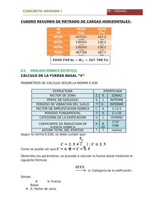 CONCRETO ARMADO I FIC - UNSAAC
CUADRO RESUMEN DE METRADO DE CARGAS HORIZONTALES:
NI
VE
L
PESO
(Kg)
PESO
(Tn)
NIVEL
3
107221
.689
107.2
22
NIVEL
2
130243
.476
130.2
43
NIVEL
1
130243
.476
130.2
43
PESO
TOTAL
367708
.641
367.7
08
6.2. ANÁLISIS SÍSMICO ESTÁTICO
CÁLCULO DE LA FUERZA BASAL “V”
PARÁMETROS DE CÁLCULO SEGÚN LA NORMA E-030
ESTRUCTURA APORTICADA
FACTOR DE ZONA Z 0.
30
ZONA2
PERFIL DE SUELO(S2) S 1.
20
INTERME
DIOPERIODO DE VIBRACION DEL SUELO T
p
0.
6
INTERME
DIOFACTOR DE AMPLIFICACION SISMICA C 6.
82
C=2.5
(Máx)PERIODO FUNDAMENTAL T 0.
22
CT=35
CATEGORIA DE LA EDIFICACION U 1.
00
VIVIEND
A
COEFICIENTE DE REDUCCION DE
FUERZA SISMICA
R 8.
00
C°A°
CON
PÓRTIALTURA TOTAL DEL EDIFICIO h
n
7.
56
metros
Según la norma E-030, se debe cumplir que:
��
� = �. � ∗ (
�
) ; � ≤ �. �
Como se puede ver que:� = �. �� ⇒ � = �. �
Obtenidos los parámetros, se procede a calcular la fuerza basal mediante la
siguiente fórmula:
����
Dónde:
 V: Fuerza
Basal.
 Z: Factor de zona.
 U: Categoría de la edificación.
 