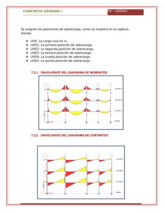 CONCRETO ARMADO I FIC - UNSAAC
Se asignan las posiciones de sobrecarga, como se muestra en la captura.
Siendo:
 LIVE: La carga viva en sí.
 LIVE1: La primera posición de sobrecarga.
 LIVE2: La segunda posición de sobrecarga.
 LIVE3: La tercera posición de sobrecarga.
 LIVE4: La cuarta posición de sobrecarga.
 LIVE5: La quinta posición de sobrecarga.
7.2.1. ENVOLVENTE DEL DIAGRAMA DE MOMENTOS
7.2.2. ENVOLVENTE DEL DIAGRAMA DE CORTANTES
 