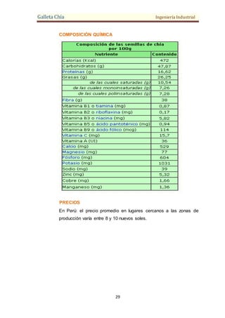 Galleta Chía Ingeniería Industrial
29
COMPOSICIÓN QUÍMICA
PRECIOS
En Perú: el precio promedio en lugares cercanos a las zonas de
producción varía entre 8 y 10 nuevos soles.
 