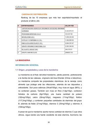 Galleta Chía Ingeniería Industrial
30
CADENA DE DISTRIBUCIÓN
Ranking de las 10 empresas que más han exportado/importado el
producto el último año
LA MANDARINA
INFORMACION GENERAL
1.1 Origen, propiedades y usos de la mandarina
La mandarina es el fruto del árbol mandarino, planta perenne, perteneciente
a la familia de las rutáceas, originario del Asia Oriental (China e Indochina).
La mandarina comparte las propiedades vitamínicas de la naranja como
alimento que protege ante las infecciones, además de ser depurativa y
antioxidante. Son poco calóricas (54cal/100gr), muy ricas en agua (86%), y
no contienen grasas. También son ricas en fibra (1,9gr/10gr), contienen
hidratos de carbono (9gr/100gr), una buena cantidad de potasio
(185mg/100gr), calcio (36mg/100gr), magnesio (11mg/100gr), fósforo
(117,2mg/100gr), y contienen pequeñas cantidades de vitaminas del grupo
B, además de folato (21mg/100gr), vitamina C (35mg/100gr) y vitamina A
(106mg/100gr).
A pesar de que la mandarina aporta menos cantidad de vitamina C que otros
cítricos, sigue siendo una fuente excelente de esta vitamina. Asimismo, las
 