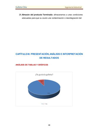 Galleta Chía Ingeniería Industrial
48
26.Almacén del producto Terminado: almacenamos a unas condiciones
adecuadas para que su ocurra una contaminación o desintegración del
CAPÍTULO III: PRESENTACIÓN,ANÁLISIS E INTERPRETACIÓN
DE RESULTADOS
ANÁLISIS DE TABLAS Y GRÁFICOS
92%
8%
¿Te gusta la galleta?
Si No
 