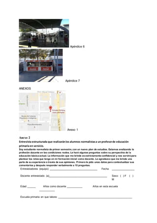 Apéndice 6
Apéndice 7
ANEXOS
Anexo 1
Anexo 2
Entrevista estructurada que realizaránlos alumnos normalistasa un profesorde educación
primaria en servicio.
Soy estudiante normalista de primer semestre,con un nuevo plan de estudios. Estamos analizando la
profesión docente en las condiciones reales. Le haré algunas preguntas sobre su perspectiva de la
educación básica actual. La información que me brinde es estrictamente confidencial y nos servirá para
plantear los retos que tengo en mi formación inicial como docente. Le agradezco que me brinde una
parte de su experiencia a través de sus opiniones. Primero le pido unos datos para contextualizar sus
comentarios y después responder verbalmente a 10 preguntas.
Entrevistadores (equipo) _________________________________ Fecha ________________
Docente entrevistado (a)________________________________________ Sexo: ( ) F ( )
M
Edad ______ Años como docente ___________ Años en esta escuela
___________
Escuela primaria en que labora: ___________________________________________________
 