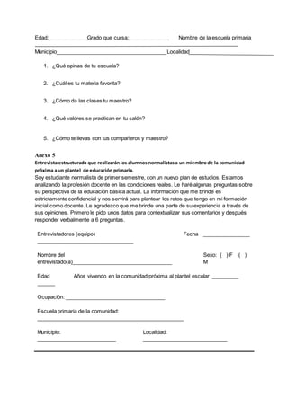 Edad: Grado que cursa: Nombre de la escuela primaria
Municipio Localidad
1. ¿Qué opinas de tu escuela?
2. ¿Cuál es tu materia favorita?
3. ¿Cómo da las clases tu maestro?
4. ¿Qué valores se practican en tu salón?
5. ¿Cómo te llevas con tus compañeros y maestro?
Anexo 5
Entrevista estructurada que realizaránlos alumnos normalistasa un miembrode la comunidad
próxima a un plantel de educación primaria.
Soy estudiante normalista de primer semestre, con un nuevo plan de estudios. Estamos
analizando la profesión docente en las condiciones reales. Le haré algunas preguntas sobre
su perspectiva de la educación básica actual. La información que me brinde es
estrictamente confidencial y nos servirá para plantear los retos que tengo en mi formación
inicial como docente. Le agradezco que me brinde una parte de su experiencia a través de
sus opiniones. Primero le pido unos datos para contextualizar sus comentarios y después
responder verbalmente a 6 preguntas.
Entrevistadores (equipo)
_________________________________
Fecha ________________
Nombre del
entrevistado(a)__________________________________
Sexo: ( ) F ( )
M
Edad
______
Años viviendo en la comunidad próxima al plantel escolar _________
Ocupación: __________________________________
Escuela primaria de la comunidad:
__________________________________________________
Municipio:
___________________________
Localidad:
_____________________________
 