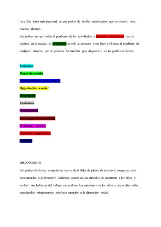 hace falta tener más personal, ya que padres de familia manifestaron que un maestro tiene
muchos alumnos.
Los padres siempre están al pendiente de las actividades y atención a imprevistos que se
realizan en la escuela, su desempeño es solo la atención a sus hijos y el estar al pendiente de
cualquier situación que se presente. Se muestro gran disposición de los padres de familia.
Educación
Planes de estudio
Funcionamiento de la escuela
Organización escolar
Desempeño
Evaluación
Normatividad
Estrategias de aprendizaje
Problemas sociales
Atención a imprevistos
Actitudes
DIMENSIONES
Los padres de familia comentaron acerca de la falta de planes de estudio y programas esto
hace mención a la dimensión didáctica; acerca de los métodos de enseñanza a los niños y
también nos hablaron del trabajo que realizan los maestros con los niños y como ellos están
entrelazados mituanamente esto hace mención a la dimensión social.
 