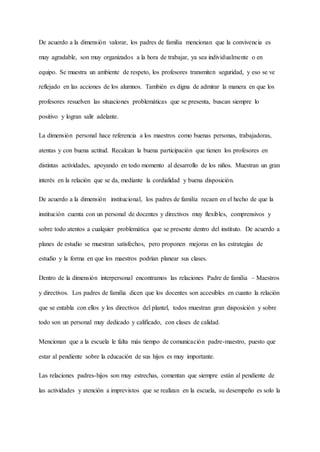 De acuerdo a la dimensión valorar, los padres de familia mencionan que la convivencia es
muy agradable, son muy organizados a la hora de trabajar, ya sea individualmente o en
equipo. Se muestra un ambiente de respeto, los profesores transmiten seguridad, y eso se ve
reflejado en las acciones de los alumnos. También es digna de admirar la manera en que los
profesores resuelven las situaciones problemáticas que se presenta, buscan siempre lo
positivo y logran salir adelante.
La dimensión personal hace referencia a los maestros como buenas personas, trabajadoras,
atentas y con buena actitud. Recalcan la buena participación que tienen los profesores en
distintas actividades, apoyando en todo momento al desarrollo de los niños. Muestran un gran
interés en la relación que se da, mediante la cordialidad y buena disposición.
De acuerdo a la dimensión institucional, los padres de familia recaen en el hecho de que la
institución cuenta con un personal de docentes y directivos muy flexibles, comprensivos y
sobre todo atentos a cualquier problemática que se presente dentro del instituto. De acuerdo a
planes de estudio se muestran satisfechos, pero proponen mejoras en las estrategias de
estudio y la forma en que los maestros podrían planear sus clases.
Dentro de la dimensión interpersonal encontramos las relaciones Padre de familia – Maestros
y directivos. Los padres de familia dicen que los docentes son accesibles en cuanto la relación
que se entabla con ellos y los directivos del plantel, todos muestran gran disposición y sobre
todo son un personal muy dedicado y calificado, con clases de calidad.
Mencionan que a la escuela le falta más tiempo de comunicación padre-maestro, puesto que
estar al pendiente sobre la educación de sus hijos es muy importante.
Las relaciones padres-hijos son muy estrechas, comentan que siempre están al pendiente de
las actividades y atención a imprevistos que se realizan en la escuela, su desempeño es solo la
 
