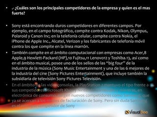 • .- ¿Cuáles son los principales competidores de la empresa y quien es el mas
  fuerte?

• Sony está encontrando duros competidores en diferentes campos. Por
  ejemplo, en el campo fotográfico, compite contra Kodak, Nikon, Olympus,
  Polaroid y Canon Inc; en la telefonía celular, compite contra Nokia, el
  iPhone de Apple Inc., Alcatel, Verizon y los fabricantes de telefonía móvil
  contra los que compite en la línea marrón.
• También compite en el ámbito computacional con empresas como Acer,8
  Apple,9 Hewlett-Packard (HP),10 Fujitsu,11 Lenovo12 y Toshiba.13, así como
  en el ámbito musical, posee uno de los sellos de las “big four” de la
  industria de la música (Sony Music Entertainment y una de las 6 mejores de
  la industria del cine (Sony Pictures Entertainment), que incluye también la
  subsidiaria de televisión Sony Pictures Televisión.
• En el ámbito de las videoconsolas, la PlayStation 2 mantuvo el tipo frente a
  sus competidores Microsoft Xbox y Nintendo Gamecube y mientras, en
  electrónica de consumo, surgen nuevos competidores como Samsung, que
  ya se acercan a los niveles de facturación de Sony. Pero sin duda Samsung
  es el principal competidor de Sony
 