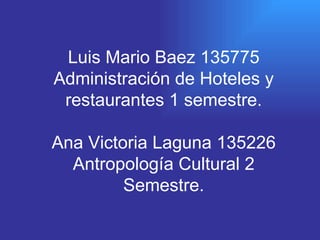 Luis Mario Baez 135775 Administración de Hoteles y restaurantes 1 semestre. Ana Victoria Laguna 135226 Antropología Cultural 2 Semestre. 