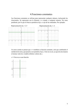 5
4.Funciones constantes
Las funciones constantes se utilizan para representar cualquier número, incluyendo los
irracionales. Se representa con la fórmula y=n siendo n cualquier número. No tiene
pendiente, por lo que la línea es paralela al eje x o eje de las ordenadas. Por ejemplo:
Representación de y=2,5 Representación de y=-3
Un error común es pensar que x=n también es función constante, solo que cambiando el
sentido de la recta, que pasaría a ser paralela al eje y. Esto no es así, ya que de esta manera
el mismo valor de x tendría infinitos valores de y.
x=1 Esto no es una función
 