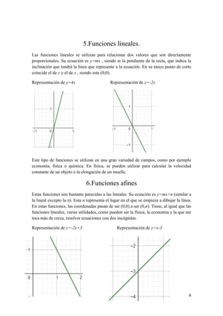 6
5.Funciones lineales.
Las funciones lineales se utilizan para relacionar dos valores que son directamente
proporcionales. Su ecuación es y=mx , siendo m la pendiente de la recta, que indica la
inclinación que tendrá la línea que represente a la ecuación. En su único punto de corte
coincide el de y y el de x , siendo este (0,0).
Representación de y=4x Representación de y=-2x
Este tipo de funciones se utilizan en una gran variedad de campos, como por ejemplo
economía, física o química. En física, se pueden utilizar para calcular la velocidad
constante de un objeto o la elongación de un muelle.
6.Funciones afines
Estas funciones son bastante parecidas a las lineales. Su ecuación es y=mx+n (similar a
la lineal excepto la n). Esta n representa el lugar en el que se empieza a dibujar la línea.
En estas funciones, las coordenadas pasan de ser (0,0) a ser (0,n). Tiene, al igual que las
funciones lineales, varias utilidades, como pueden ser la física, la economía y la que me
toca más de cerca, resolver ecuaciones con dos incógnitas.
Representación de y=-2x+3 Representación de y=x-3
 