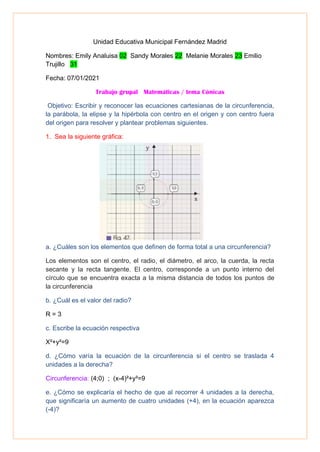 Unidad Educativa Municipal Fern�ndez Madrid
Nombres: Emily Analuisa 02 Sandy Morales 22 Melanie Morales 23 Emilio
Trujillo 31
Fecha: 07/01/2021
Trabajo grupal Matem�ticas / tema C�nicas
Objetivo: Escribir y reconocer las ecuaciones cartesianas de la circunferencia,
la par�bola, la elipse y la hip�rbola con centro en el origen y con centro fuera
del origen para resolver y plantear problemas siguientes.
1. Sea la siguiente gr�fica:
a. �Cu�les son los elementos que definen de forma total a una circunferencia?
Los elementos son el centro, el radio, el di�metro, el arco, la cuerda, la recta
secante y la recta tangente. El centro, corresponde a un punto interno del
c�rculo que se encuentra exacta a la misma distancia de todos los puntos de
la circunferencia
b. �Cu�l es el valor del radio?
R = 3
c. Escribe la ecuaci�n respectiva
X�+y�=9
d. �C�mo var�a la ecuaci�n de la circunferencia si el centro se traslada 4
unidades a la derecha?
Circunferencia: (4;0) ; (x-4)�+y�=9
e. �C�mo se explicar�a el hecho de que al recorrer 4 unidades a la derecha,
que significar�a un aumento de cuatro unidades (+4), en la ecuaci�n aparezca
(-4)?
 