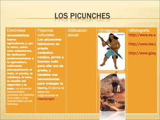E)Actividad  económica :  fueron  agricultores y, por lo tanto, estos eran sedentarios, Se dedicaron preferentemente a la agricultura, cultivando principalmente el maíz, el poroto, la calabaza, la teca, la semilla del algarrobo y la papa.  Los picunches intercambiaban productos con poblados de la costa y no se caracterizaban por ser belicosos. F)Aportes culturales: Los picunches fabricaron su propia cerámica vasijas, jarros y fuentes todo para ello era de greda, y también sus herramientas para trabajar la tierra,  El idioma de estos era originalmente el  mapudungún G)Situacion actual: H)Imágenes  I)Bibliografia  http://www.es.wikipedia.org/wiki/Picunche http://www.los-picunches.blogspot.com/2006/04/organizacin-economica.html http://www.google.cl   