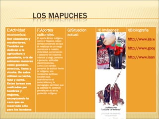 E)Actividad economica: Son cazadores y recolectores. También se dedican a la agricultura y ganadería, cría de animales menores como guanaco, avestruz, llama y vicuña. De estos utilizan su leche, lana y carne. Estas tareas son realizadas por hombres y mujeres, exceptuando la caza que es reservada sólo para los hombres F)Aportes culturales: El aporte étnico indígena, como el hispano, adqui-riendo conciencia de que el mestizaje es un rasgo connatural a nuestra chilenidad, comenzando a desterrar en nosotros mismos y luego, persona a persona, actitudes discriminatorias. Junto a un cambio personal de actitud frente al indígena, son necesarias políticas sociales que, abandonando el paternalismo y la demagogia, permitan que la pobreza no continúe prevalecien-do en la población indígena.  G)Situacion actual: H) Imágenes: I)Bibliografia http://www.es.wikipedia.org/wiki/Mapuches#Organizaci.C3.B3n_social http://www.google.cl http://www.laaraucania.cl/cultura-pueblo_mapuche.htm 