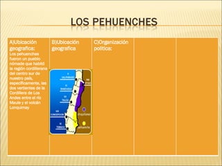 A)Ubicación geografica: Los pehuenches fueron un pueblo nómade que habitó la región cordillerana del centro sur de nuestro país, específicamente, las dos vertientes de la Cordillera de Los Andes entre el río Maule y el volcán Lonquimay B)Ubicación geografica  C)Organización politica: 