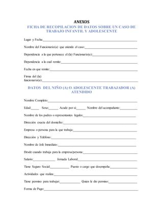 ANEXOS
FICHA DE RECOPILACION DE DATOS SOBRE UN CASO DE
TRABAJO INFANTIL Y ADOLESCENTE
Lugar y Fecha:___________________________________________________________
Nombre del Funcionario(a) que atiende el caso:_________________________________
Dependencia a la que pertenece el (la) Funcionario(a):____________________________
Dependencia a la cual remite:________________________________________________
Fecha en que remite:_______________________________________________________
Firma del (la)
funcionario(a):____________________________________________________________
DATOS DEL NIÑO (A) O ADOLESCENTE TRABAJADOR (A)
ATENDIDO
Nombre Completo:________________________________________________________
Edad:_____ Sexo:______ Acude por si:______ Nombre del acompañante:___________
Nombre de los padres o representantes legales:_________________________________
Dirección exacta del domicilio:______________________________________________
Empresa o persona para la que trabaja:________________________________________
Dirección y Teléfono:_____________________________________________________
Nombre de Jefe Inmediato:_________________________________________________
Desde cuando trabaja para la empresa/persona:__________________________________
Salario:______________ Jornada Laboral:_____________________________________
Tiene Seguro Social:____________ Puesto o cargo que desempeña:_________________
Actividades que realiza:____________________________________________________
Tiene permiso para trabajar:_____________ Quien le dio permiso:__________________
Forma de Pago:___________________________________________________________
 