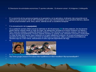 E) Descripcion de actividades economicas, F) aportes culturales , G) situacion actual , H) Imágenes ,I) bibliografia E) La economía de los aymara se basaba en la ganadería y en la agricultura, el alimento más consumido era la papa de la cual conocían más de 200 variedades, pero lo que más practicaban era la ganadería (llamas y alpacas que les proporcionaban carne, lana y abono, además de ser un excelente transporte F) la domesticación de la  papa(patata) .   G) La población aymara chilena actual es estimada en 48 mil personas. (16)  De ésta población, las dos terceras partes habrían migrado desde su lugar de origen, las altiplanicies ubicadas en el sector fronterizo con Bolivia y Perú, hacia las ciudades y pueblos del desierto (Calama y Pozo Almonte) o los puertos costeros, más próximos (Arica e Iquique principalmente). El tercio restante mantiene su carácter rural, campesino comunero o minifundista. La mitad de este último sector sigue habitando en la región altiplánica fronteriza y se ocupa principalmente de la ganadería de camélidos, en tanto que el resto se distribuye en pequeños valles y quebradas precordilleranas ubicados bajo los 3.500 metros, dedicándose al cultivo agrícola dependiente del riego H) I)  http://aymara.org/cultura-aymara.html   http://www.google.cl/search?hl=es&sa=X&oi=spell&resnum=0&ct=result&cd=1&q=aymaras&spell=1 