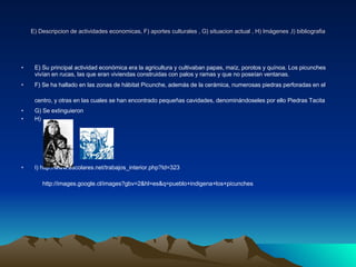 E) Descripcion de actividades economicas, F) aportes culturales , G) situacion actual , H) Imágenes ,I) bibliografia E) Su principal actividad económica era la agricultura y cultivaban papas, maíz, porotos y quínoa. Los picunches vivían en rucas, las que eran viviendas construidas con palos y ramas y que no poseían ventanas.  F) Se ha hallado en las zonas de hábitat Picunche, además de la cerámica, numerosas piedras perforadas en el centro, y otras en las cuales se han encontrado pequeñas cavidades, denominándoseles por ello Piedras Tacita   G) Se extinguieron H) I) http://www.escolares.net/trabajos_interior.php?Id=323 http://images.google.cl/images?gbv=2&hl=es&q=pueblo+indigena+los+picunches 