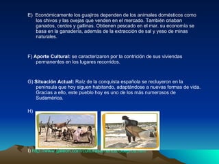 E)  Económicamente los guajiros dependen de los animales domésticos como los chivos y las ovejas que venden en el mercado. También criaban ganados, cerdos y gallinas. Obtienen pescado en el mar. su economía se basa en la ganadería, además de la extracción de sal y yeso de minas naturales. F)  Aporte Cultural:  se caracterizaron por la contrición de sus viviendas permanentes en los lugares recorridos.  G)  Situación Actual:  Raíz de la conquista española se recluyeron en la península que hoy siguen habitando, adaptándose a nuevas formas de vida. Gracias a ello, este pueblo hoy es uno de los más numerosos de Sudamérica.  H) I)  http://www.galeon.com/culturasamerica/Guajiros.htm   