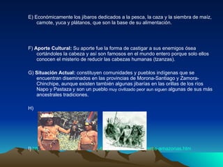 E) Económicamente los jíbaros dedicados a la pesca, la caza y la siembra de maíz, camote, yuca y plátanos, que son la base de su alimentación. F)  Aporte Cultural:  Su aporte fue la forma de castigar a sus enemigos ósea cortándoles la cabeza y así son famosos en el mundo entero porque solo ellos conocen el misterio de reducir las cabezas humanas (tzanzas). G)  Situación Actual:  constituyen comunidades y pueblos indígenas que se encuentran diseminados en las provincias de Morona-Santiago y Zamora-Chinchipe, aunque existen también algunas jibarías en las orillas de los ríos Napo y Pastaza   y son un pueblo  muy civilizado peor aun siguen  algunas de sus más ancestrales tradiciones. H) I)  http://webnacionalistaecuador.4mg.com/indios-guerreros-amazonas.htm   