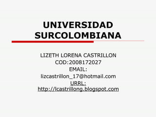 UNIVERSIDAD SURCOLOMBIANA LIZETH LORENA CASTRILLON COD:2008172027 EMAIL: [email_address] URRL: http://lcastrillong.blogspot.com 