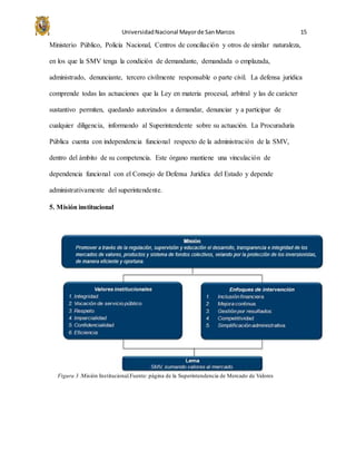 UniversidadNacional Mayorde SanMarcos 15
Ministerio Público, Policía Nacional, Centros de conciliación y otros de similar naturaleza,
en los que la SMV tenga la condición de demandante, demandada o emplazada,
administrado, denunciante, tercero civilmente responsable o parte civil. La defensa jurídica
comprende todas las actuaciones que la Ley en materia procesal, arbitral y las de carácter
sustantivo permiten, quedando autorizados a demandar, denunciar y a participar de
cualquier diligencia, informando al Superintendente sobre su actuación. La Procuraduría
Pública cuenta con independencia funcional respecto de la administración de la SMV,
dentro del ámbito de su competencia. Este órgano mantiene una vinculación de
dependencia funcional con el Consejo de Defensa Jurídica del Estado y depende
administrativamente del superintendente.
5. Misión institucional
Figura 3 .Misión Institucional.Fuente: página de la Superintendencia de Mercado de Valores
 