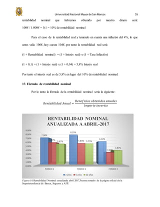 UniversidadNacional Mayorde SanMarcos 55
rentabilidad nominal que habremos obtenido por nuestro dinero será:
100€ / 1.000€ = 0,1 = 10% de rentabilidad nominal
Para el caso de la rentabilidad real y teniendo en cuenta una inflación del 4%, lo que
antes valía 100€, hoy cuesta 104€, por tanto la rentabilidad real será:
(1 + Rentabilidad nominal) = (1 + Interés real) x (1 + Tasa Inflación)
(1 + 0,1) = (1 + Interés real) x (1 + 0,04) = 5,8% Interés real
Por tanto el interés real es de 5,8% en lugar del 10% de rentabilidad nominal.
17. Fórmula de rentabilidad nominal
Por lo tanto la fórmula de la rentabilidad nominal sería la siguiente:
𝑅𝑒𝑛𝑡𝑎𝑏𝑖𝑙𝑖𝑑𝑎𝑑 𝐴𝑛𝑢𝑎𝑙 =
𝐵𝑒𝑛𝑒𝑓𝑖𝑐𝑖𝑜𝑠 𝑜𝑏𝑡𝑒𝑛𝑖𝑑𝑜𝑠 𝑎𝑛𝑢𝑎𝑙𝑒𝑠
𝐼𝑚𝑝𝑜𝑟𝑡𝑒 𝑖𝑛𝑣𝑒𝑟𝑡𝑖𝑜
Figura 16.Rentabilidad Nominal anualizada abril 2017,Fuente:tomado de la página oficial de la
Superintendencia de Banca, Seguros y AFP.
0.00%
1.00%
2.00%
3.00%
4.00%
5.00%
6.00%
7.00%
8.00%
9.00%
FONDO 1 FONDO 2 FONDO 3
7.38%
8.19%
6.34%6.07% 5.83%
3.27%
5.67% 5.73%
3.87%
RENTABILIDAD NOMINAL
ANUALIZADA A ABRIL-2017
3 años 5 años 10 años
 