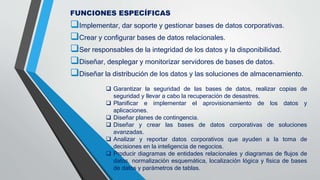 FUNCIONES ESPECÍFICAS
Implementar, dar soporte y gestionar bases de datos corporativas.
Crear y configurar bases de datos relacionales.
Ser responsables de la integridad de los datos y la disponibilidad.
Diseñar, desplegar y monitorizar servidores de bases de datos.
Diseñar la distribución de los datos y las soluciones de almacenamiento.
 Garantizar la seguridad de las bases de datos, realizar copias de
seguridad y llevar a cabo la recuperación de desastres.
 Planificar e implementar el aprovisionamiento de los datos y
aplicaciones.
 Diseñar planes de contingencia.
 Diseñar y crear las bases de datos corporativas de soluciones
avanzadas.
 Analizar y reportar datos corporativos que ayuden a la toma de
decisiones en la inteligencia de negocios.
 Producir diagramas de entidades relacionales y diagramas de flujos de
datos, normalización esquemática, localización lógica y física de bases
de datos y parámetros de tablas.
 