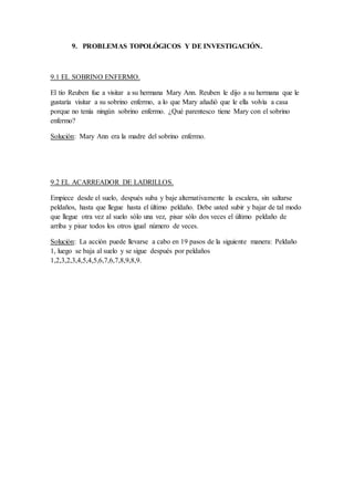 9. PROBLEMAS TOPOLÓGICOS Y DE INVESTIGACIÓN.
9.1 EL SOBRINO ENFERMO.
El tío Reuben fue a visitar a su hermana Mary Ann. Reuben le dijo a su hermana que le
gustaría visitar a su sobrino enfermo, a lo que Mary añadió que le ella volvía a casa
porque no tenía ningún sobrino enfermo. ¿Qué parentesco tiene Mary con el sobrino
enfermo?
Solución: Mary Ann era la madre del sobrino enfermo.
9.2 EL ACARREADOR DE LADRILLOS.
Empiece desde el suelo, después suba y baje alternativamente la escalera, sin saltarse
peldaños, hasta que llegue hasta el último peldaño. Debe usted subir y bajar de tal modo
que llegue otra vez al suelo sólo una vez, pisar sólo dos veces el último peldaño de
arriba y pisar todos los otros igual número de veces.
Solución: La acción puede llevarse a cabo en 19 pasos de la siguiente manera: Peldaño
1, luego se baja al suelo y se sigue después por peldaños
1,2,3,2,3,4,5,4,5,6,7,6,7,8,9,8,9.
 