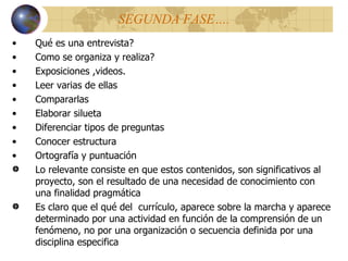 SEGUNDA FASE…. Qué es una entrevista? Como se organiza y realiza? Exposiciones ,videos. Leer varias de ellas Compararlas Elaborar silueta Diferenciar tipos de preguntas Conocer estructura Ortografía y puntuación Lo relevante consiste en que estos contenidos, son significativos al proyecto, son el resultado de una necesidad de conocimiento con una finalidad pragmática Es claro que el qué del  currículo, aparece sobre la marcha y aparece determinado por una actividad en función de la comprensión de un fenómeno, no por una organización o secuencia definida por una disciplina especifica 