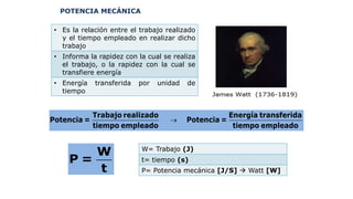 POTENCIA MECÁNICA
• Es la relación entre el trabajo realizado
y el tiempo empleado en realizar dicho
trabajo
• Informa la rapidez con la cual se realiza
el trabajo, o la rapidez con la cual se
transfiere energía
• Energía transferida por unidad de
tiempo

Trabajo realizado Energía transferida
Potencia = Potencia =
tiempo empleado tiempo empleado
W
P =
t
W= Trabajo (J)
t= tiempo (s)
P= Potencia mecánica [J/S]  Watt [W]
 