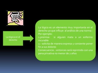La lógica es un elemento muy importante en el derecho ya que influye  al análisis de una norma :Por ejemplo:1.premisa:  si alguien mata a un enfermo  incurable2.- solicita de manera expresa y consiente poner fin a sus dolores Consecuencia .: entonces será reprimido con una pena privativa no menor de 2 añosLa lógica en el derecho
